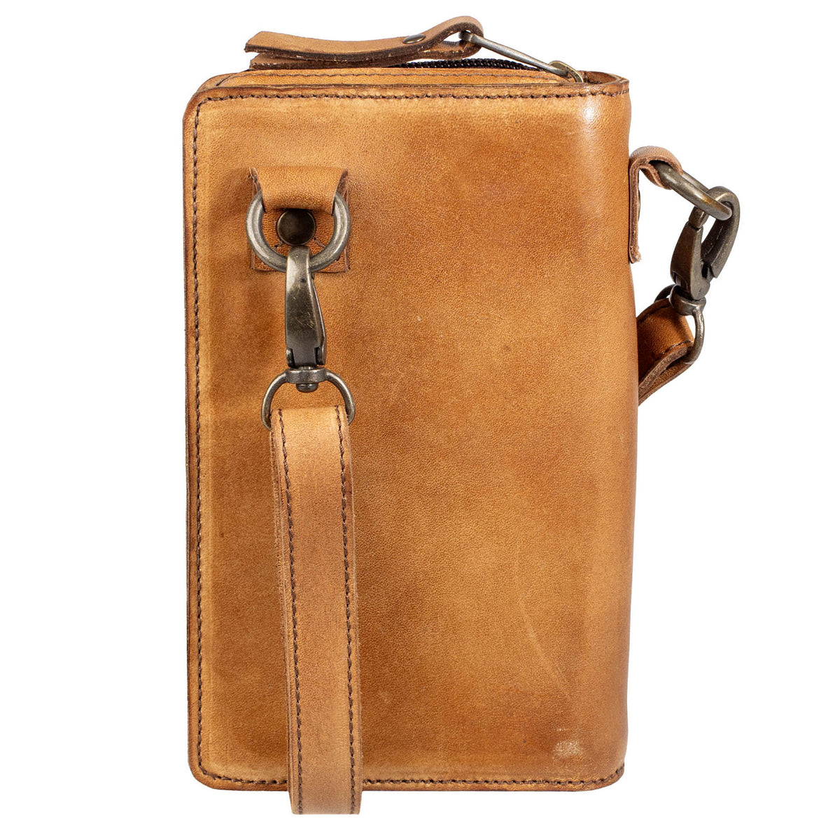 back view of a Bandera tan leather phone sling wallet with an adjustable crossbody strap on white background.