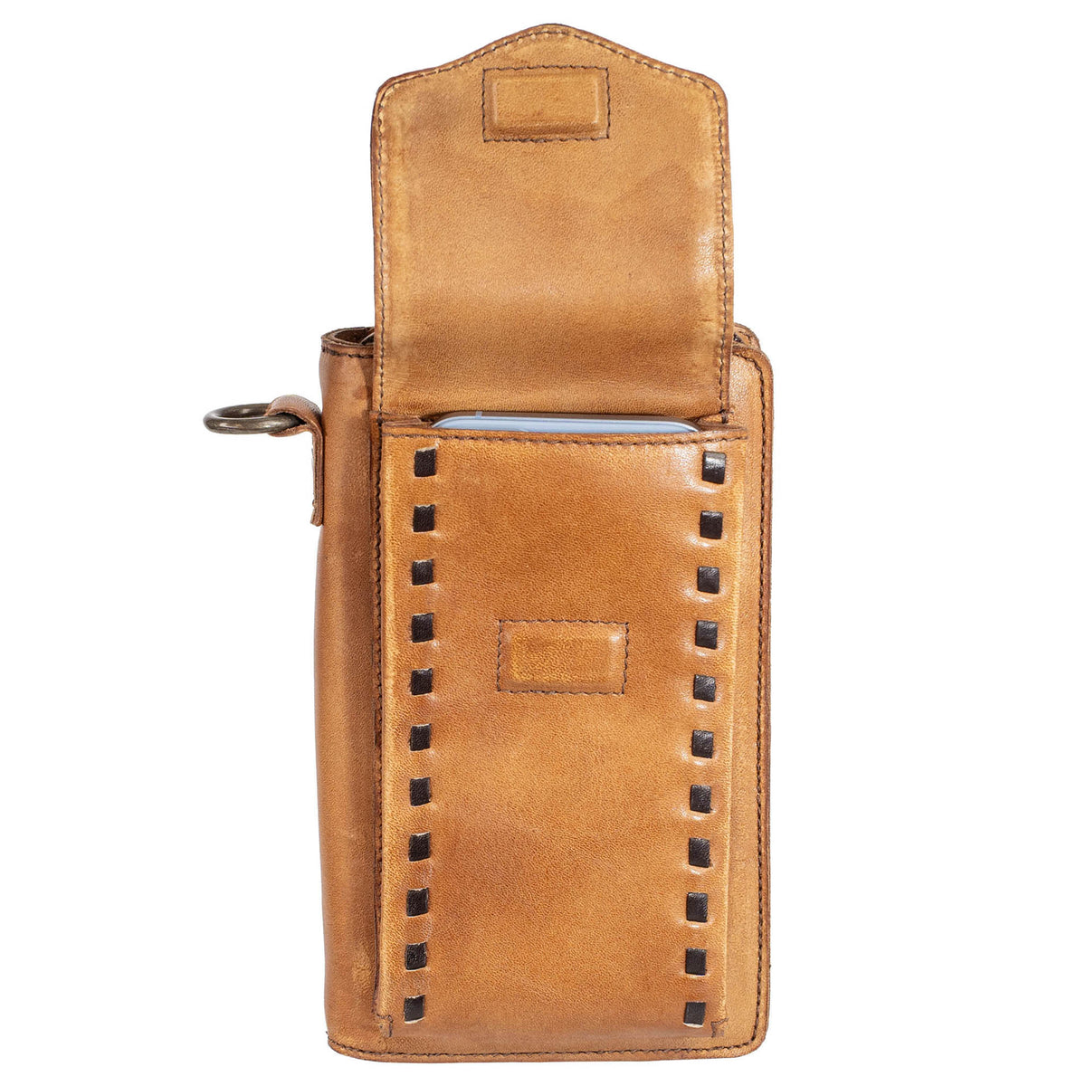 The front magnetic flap is open with a phone inside of a Bandera tan leather phone sling wallet with buckstitch, zip around closure and adjustable crossbody strap on white background.