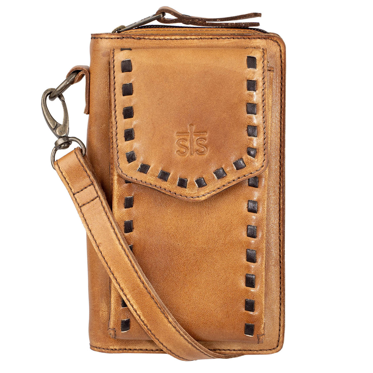 Bandera tan leather phone sling wallet with buckstitch, zip around closure, magnetic flap for phone, and adjustable crossbody strap on white background.