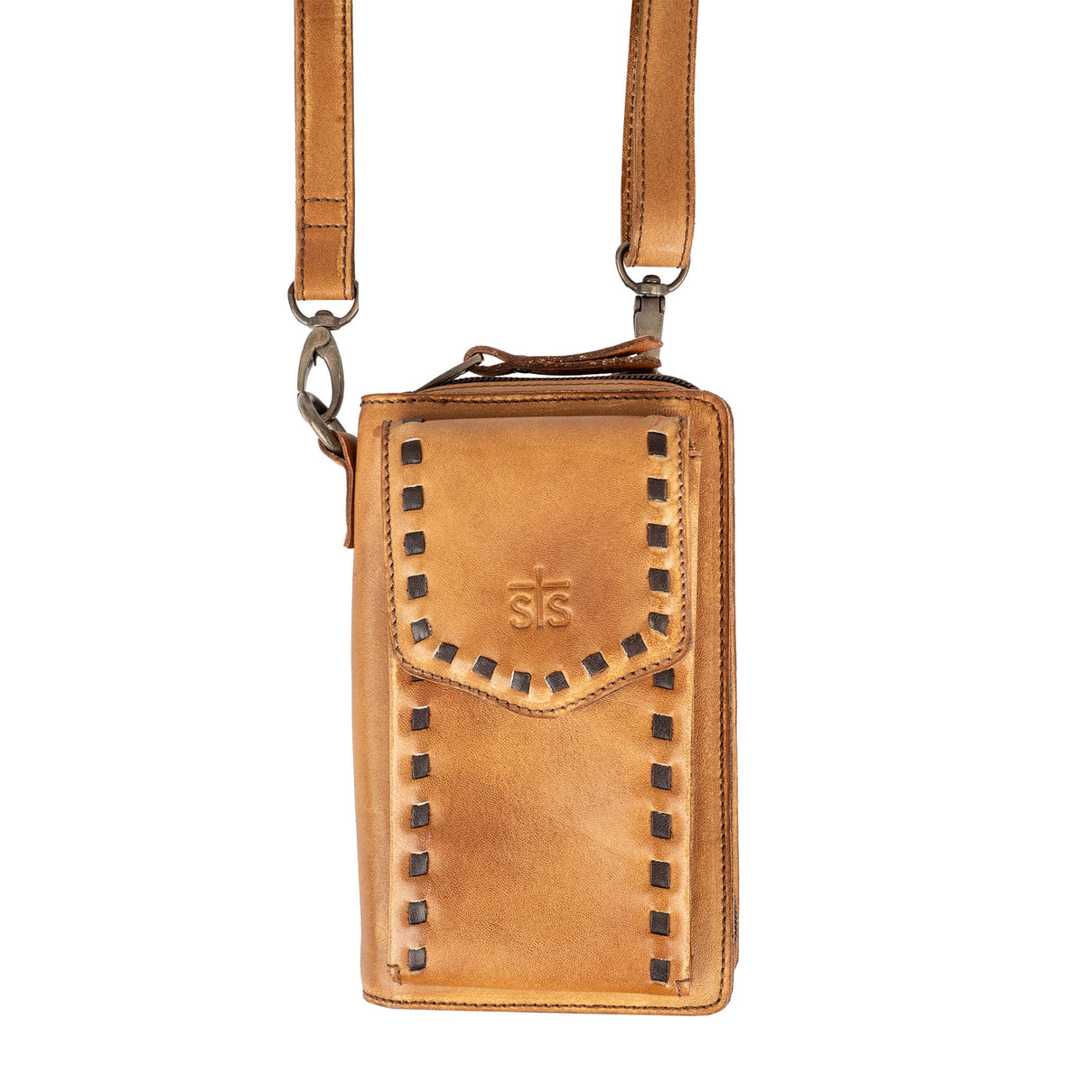 Bandera tan leather phone sling wallet with buckstitch, zip around closure, magnetic flap for phone, and adjustable crossbody strap on white background.