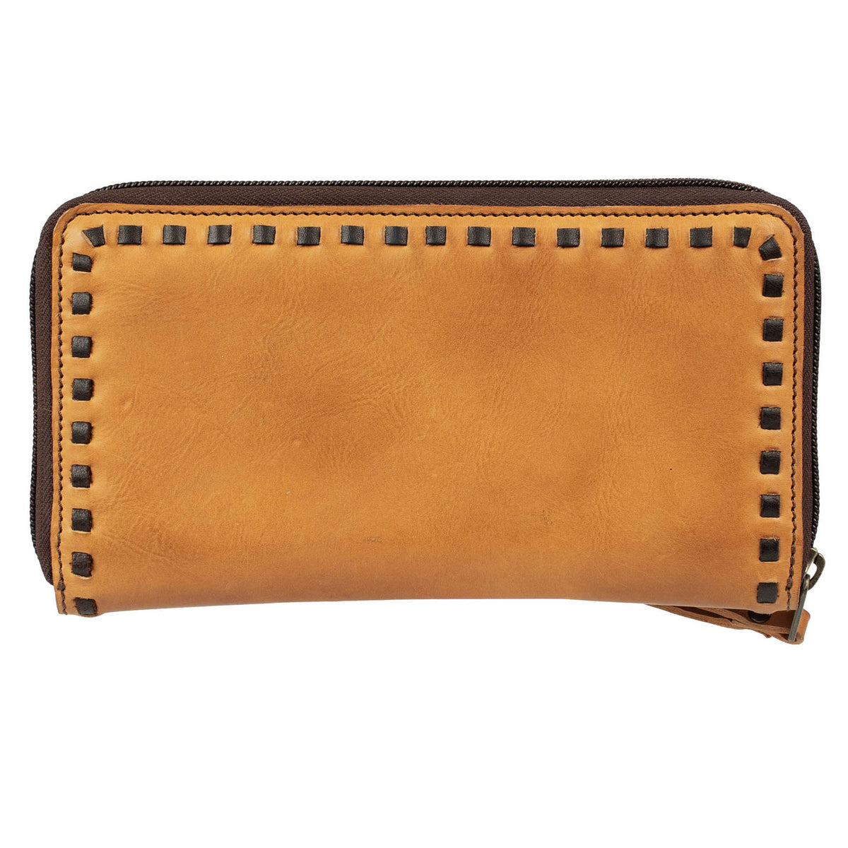 The back view of a bandera tan full grain leather wallet with a wristlet strap on white background.