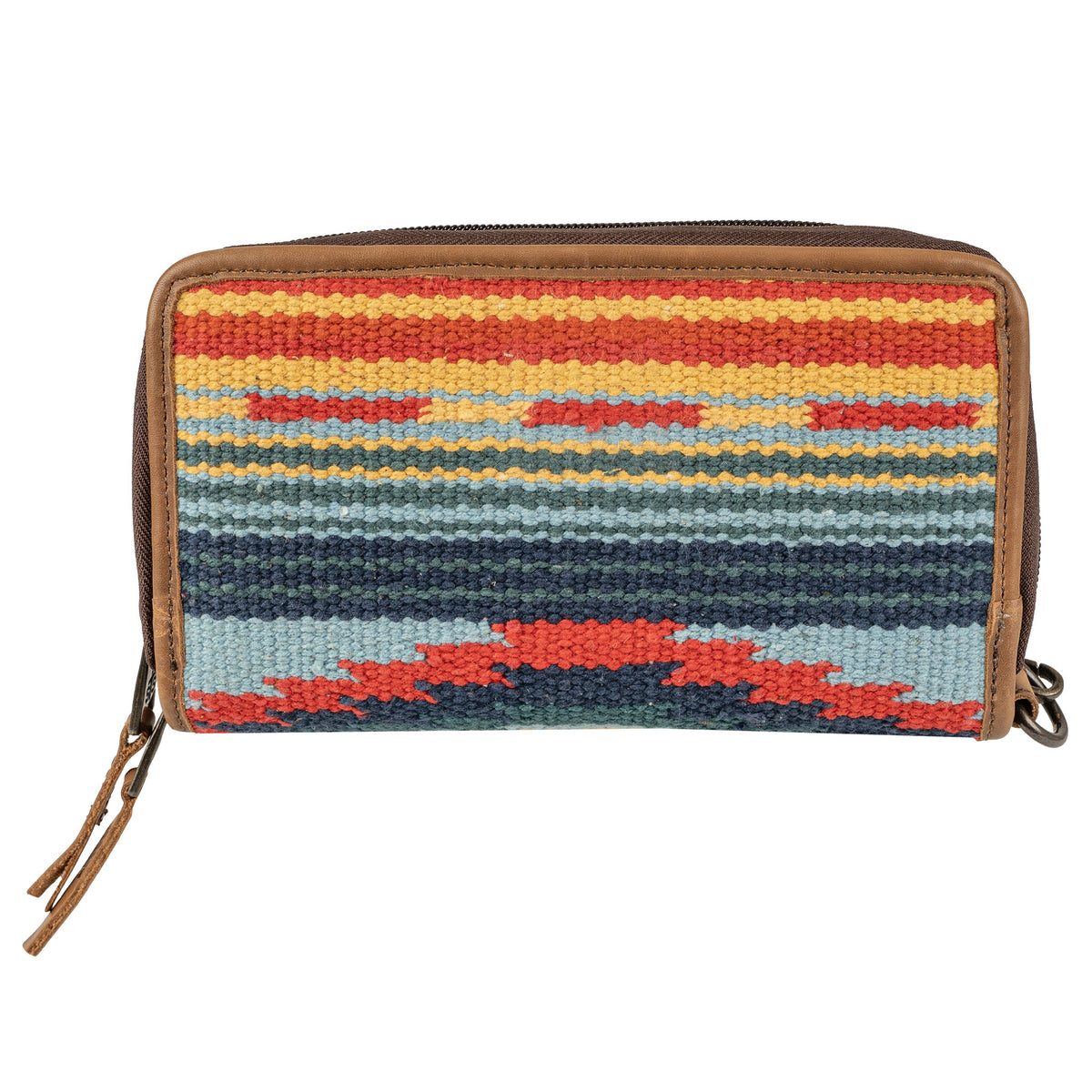 A bifold wallet with a colorful geometric pattern in reds, blues, and tans, featuring handwoven 100% cotton shell with genuine leather accents.