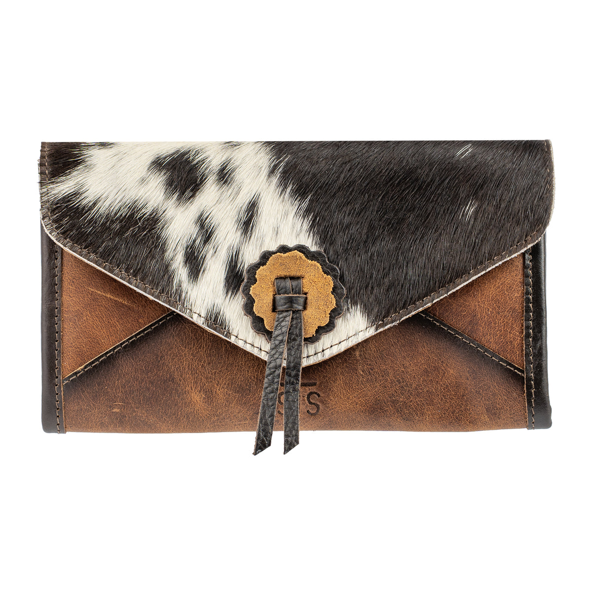 envelope magnetic closure cowhide and leather clutch on white background