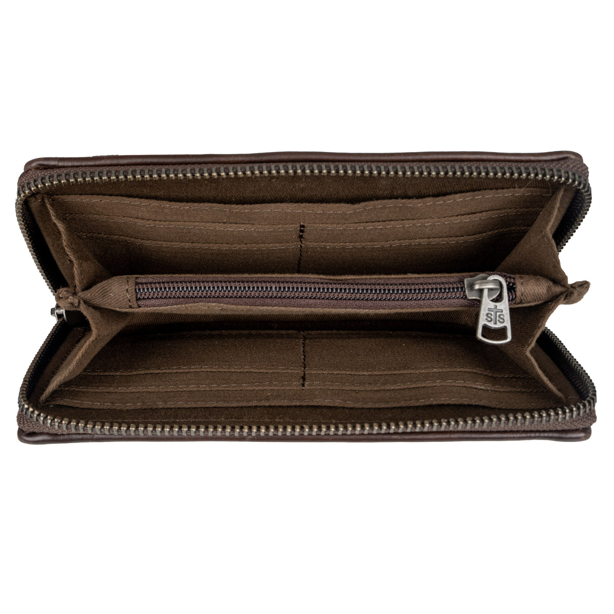 Inside of cowhide wallet with zip around closure, zip pocket and card slots.