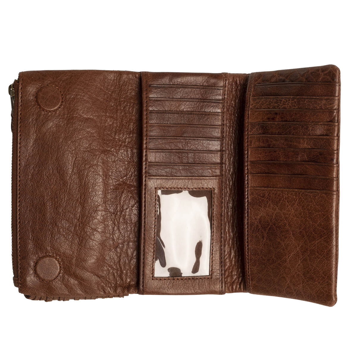 Inside of a brown buffalo leather wallet with fringe accents, featuring ID slot, cash slips and card slots.