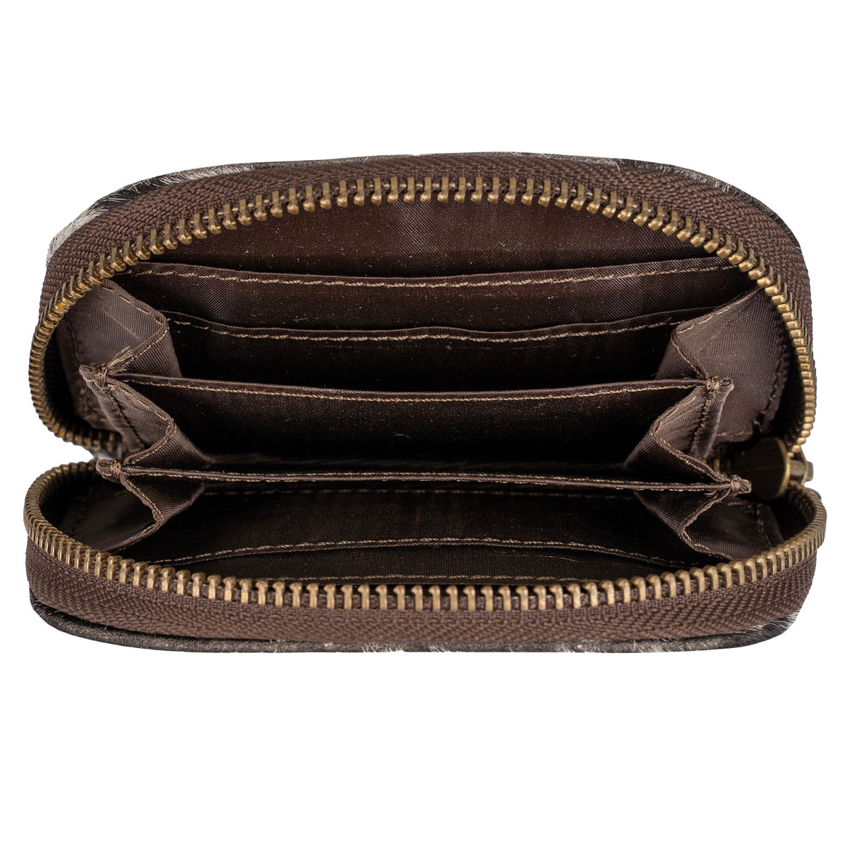 open overhead view of a leather keychain wallet with a zip around closure on a white background