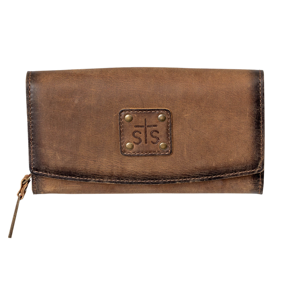 Brown leather trifold wallet with leather flap closure and zipper closure and "STS" stamped on a leather patch with a white background.