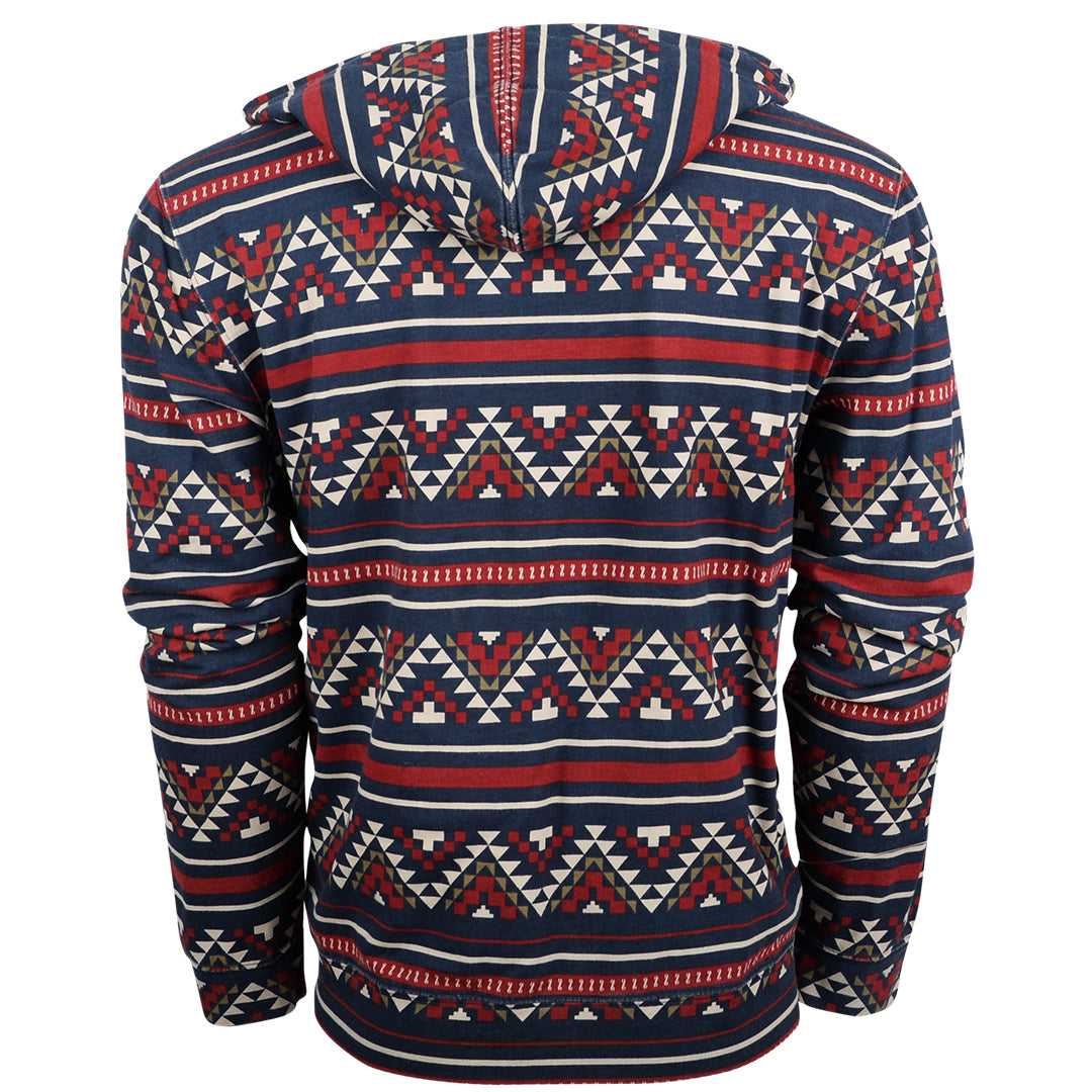 Back view of a navy unisex hoodie with Aztec pattern featuring a drawstring hood on a white background.