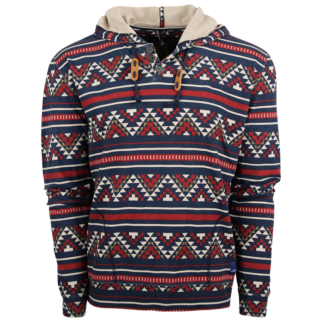 A navy unisex hoodie with Aztec pattern featuring a drawstring hood, quarter button closure, and two exterior hand warming pockets.