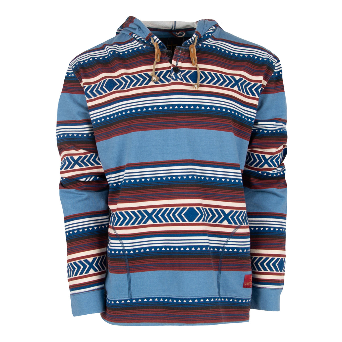 A unisex hooded sweatshirt with a geometric Aztec pattern in red, blue, and beige colors, featuring a quarter button closure, drawstring hood with leather pull tabs, and two exterior hand warming pockets.