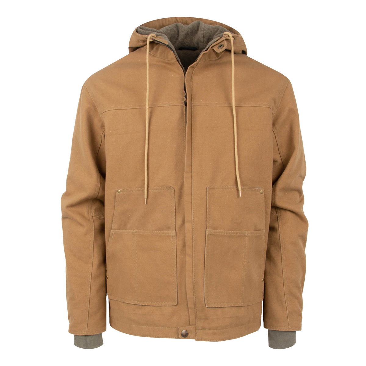 A beige, hooded, fleece-lined men's canvas work jacket with zip front closure and multiple pockets.