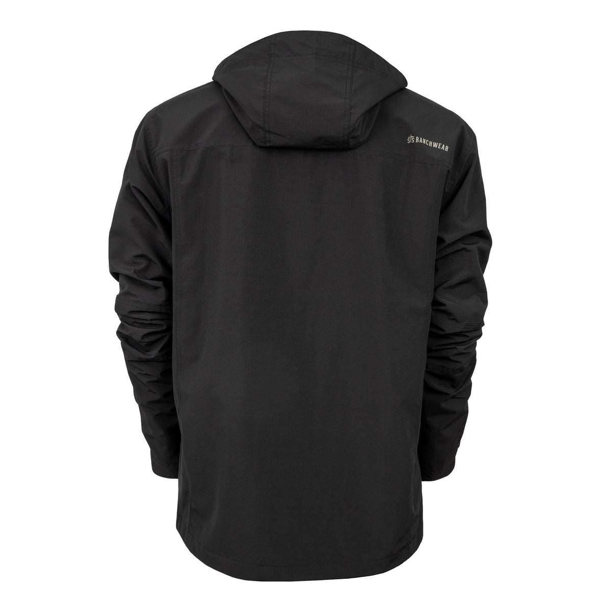 Back of black rain jacket with hood and a brand logo on the back against a white background.
