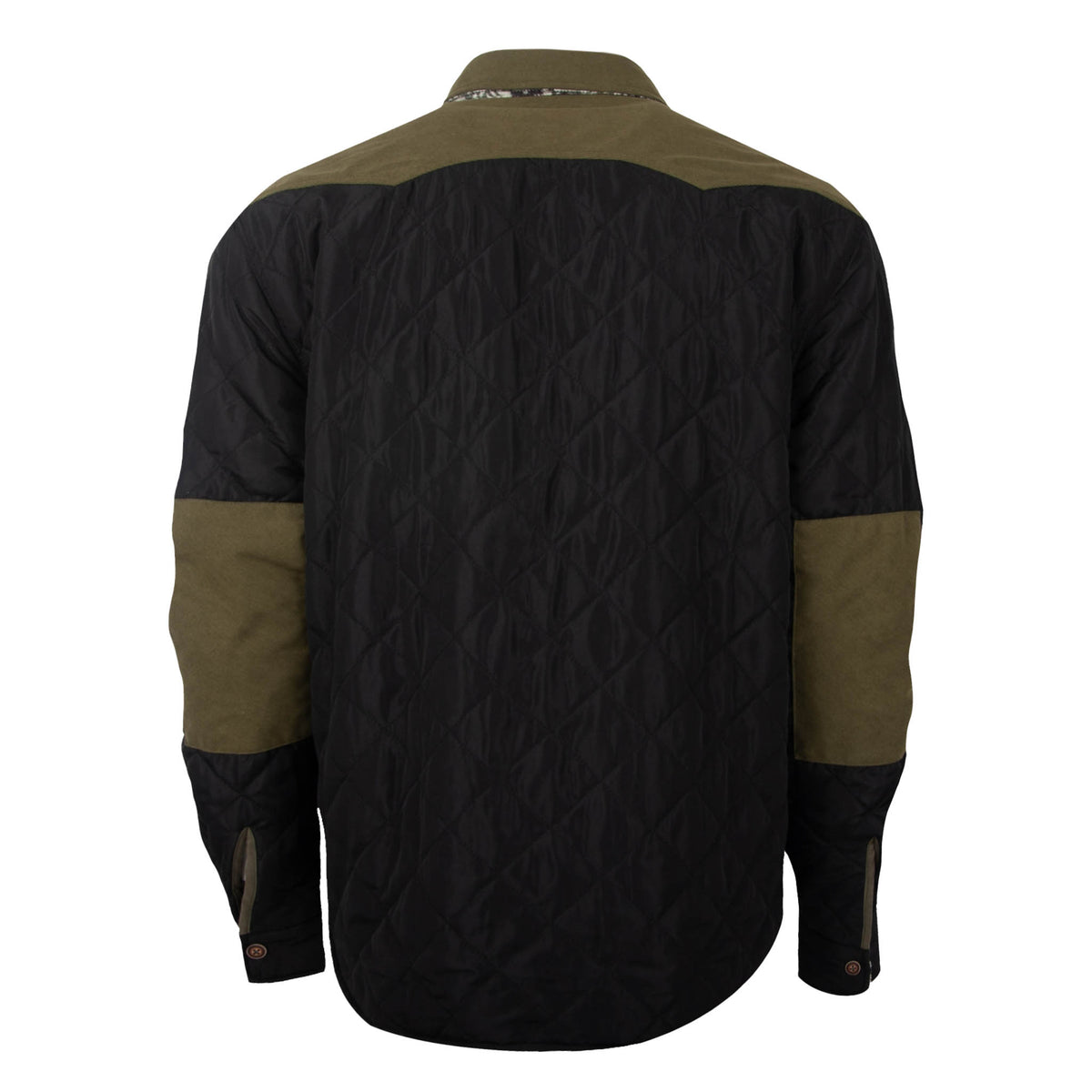 Back of a men's reversible jacket with a green collar, elbow pads and chest pockets and black shell with adjustable snap wrist cuffs.