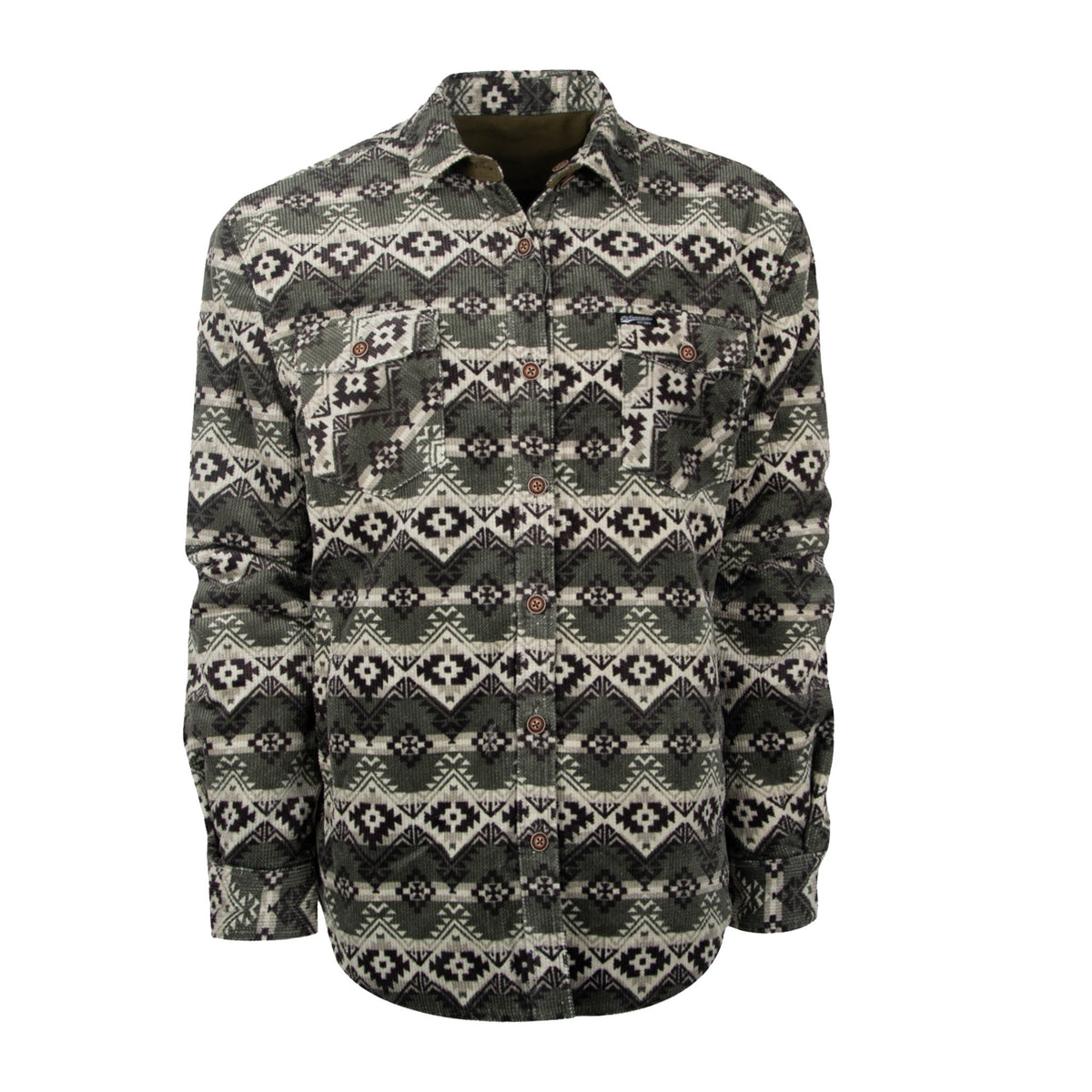 A men's reversible jacket with a geometric pattern in green, beige, and black colors, featuring button front closure and multiple pockets.