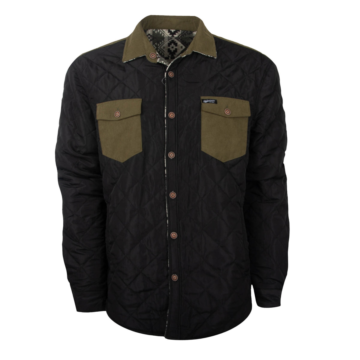A men's reversible jacket with a green collar and chest pockets and black shell.