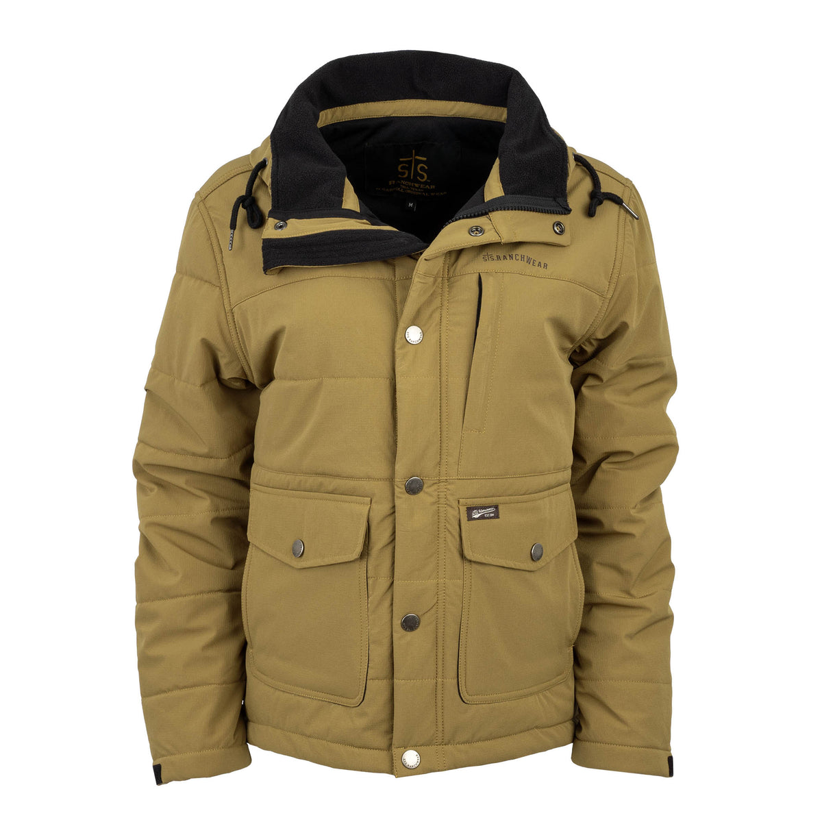 Brown parka jacket with fleece-lined collar, pockets and snap closure on a white background.
