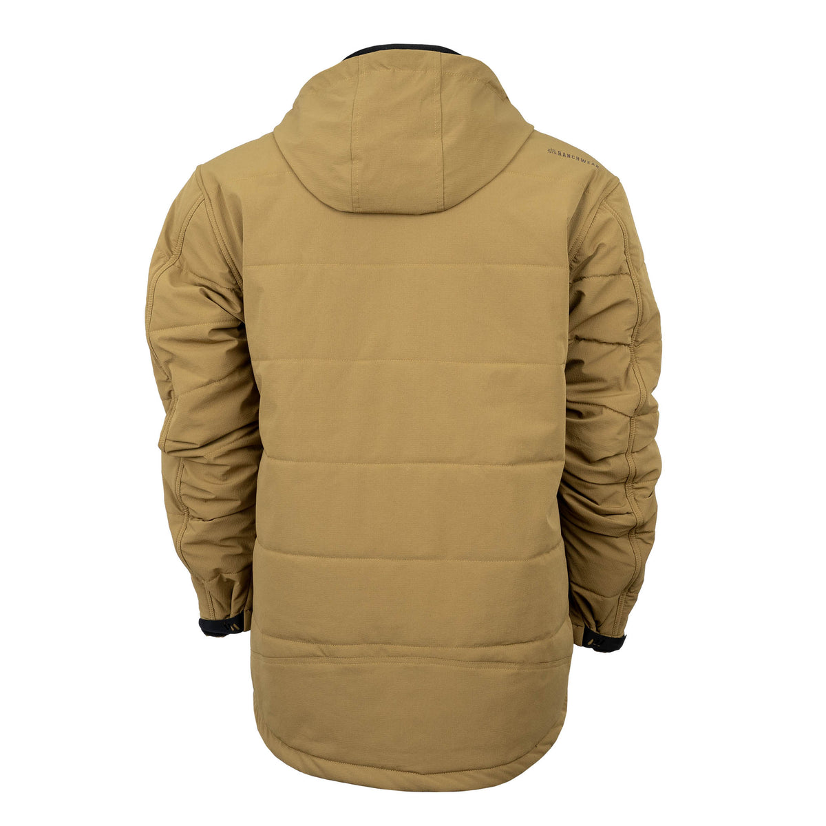 Brown winter parka jacket with a hood on a white background.