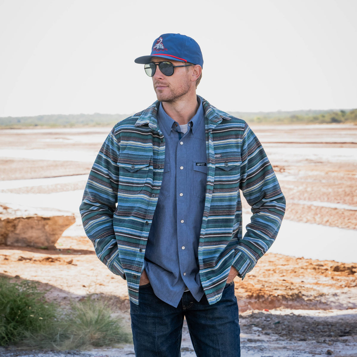 Man wearing a striped jacket and sunglasses in a desert-like setting.