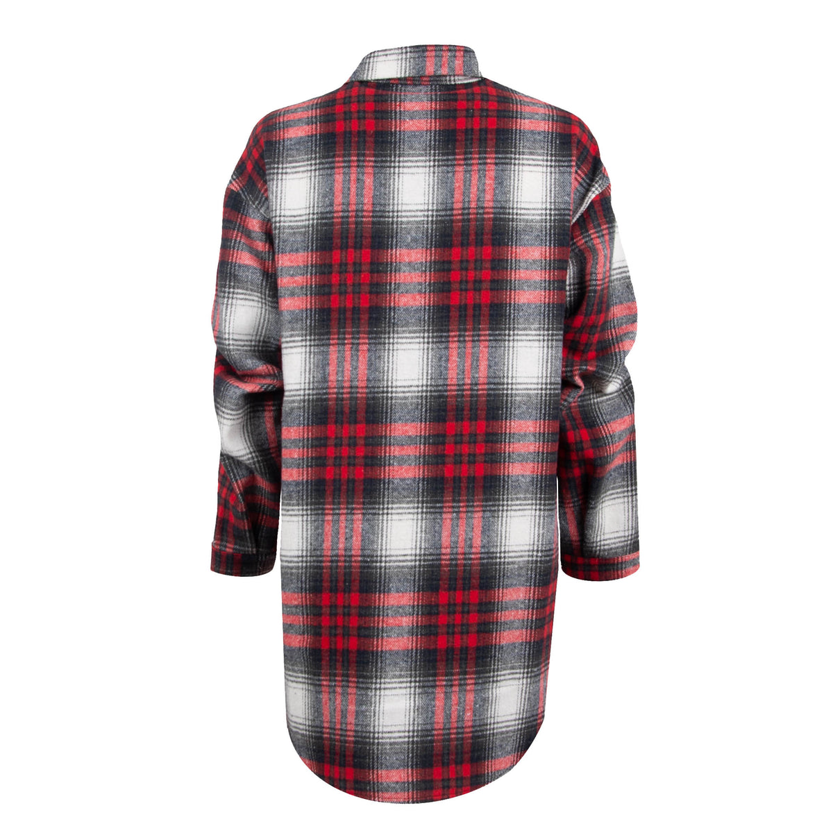 Back of a red, black, and white plaid women's shacket displayed on a white background.