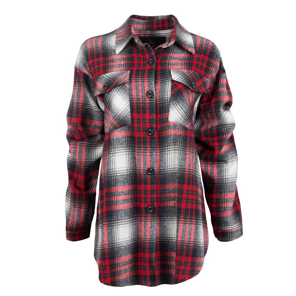 A red, black, and white plaid women's shacket with button closures and chest pockets.