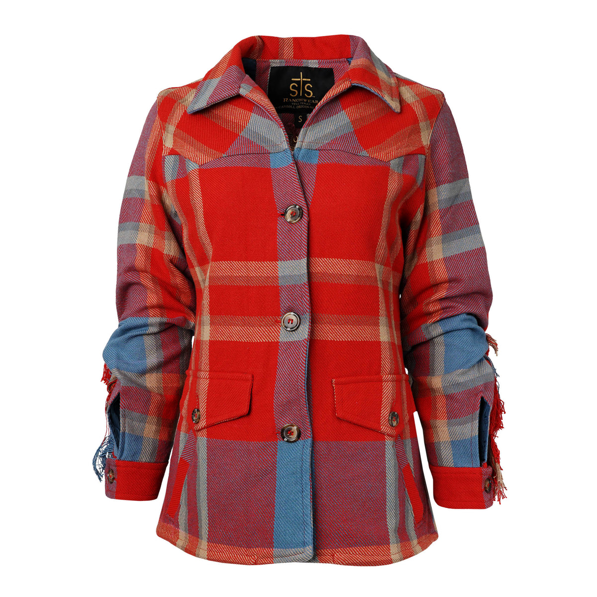 A red and blue plaid women's blazer with fringe accents on the sleeves and back, featuring button cuffs and a button front closure.