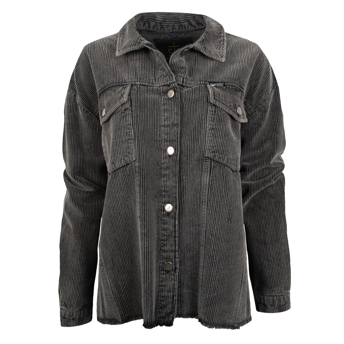 A gray women's corduroy shacket with button closures, chest pockets, button cuffs, and frayed waist accents.