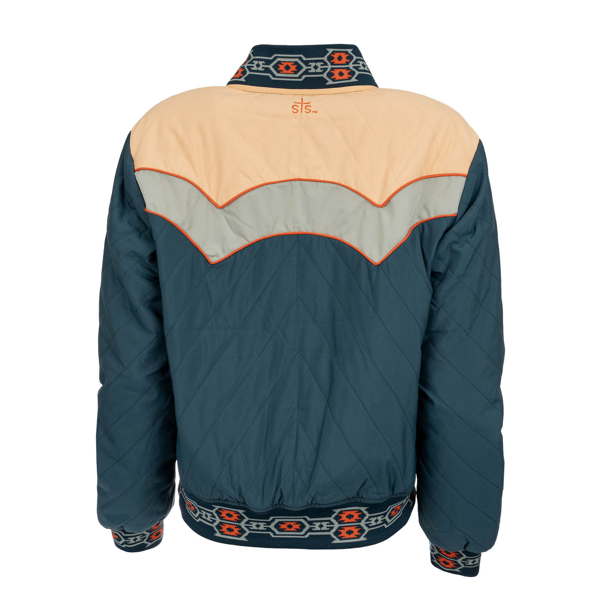 Back view of a quilted jacket with geometric patterns on the collar, cuffs and waist on a white background.