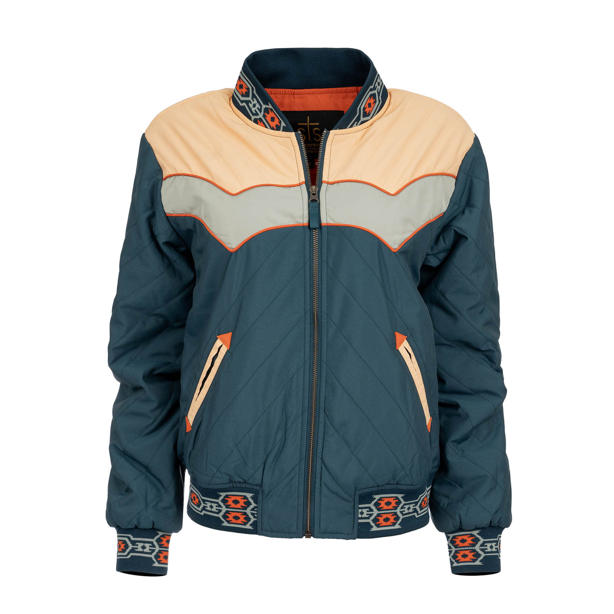 Multicolored jacket with geometric patterns on the waist and cuffs on a white background.