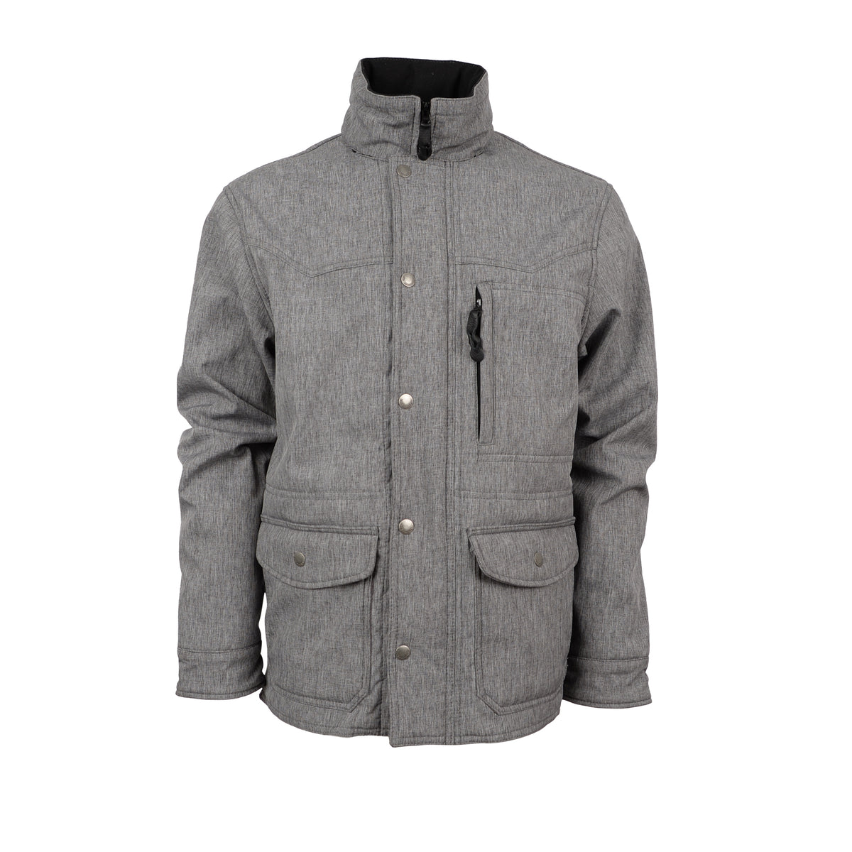 A heather gray youth Brazos jacket with adjustable side snaps, cuffs, and multiple exterior pockets.