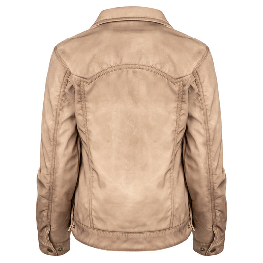 back of our fawn beige jacket with front snap closure, two front pockets, and hand warming pockets on white background