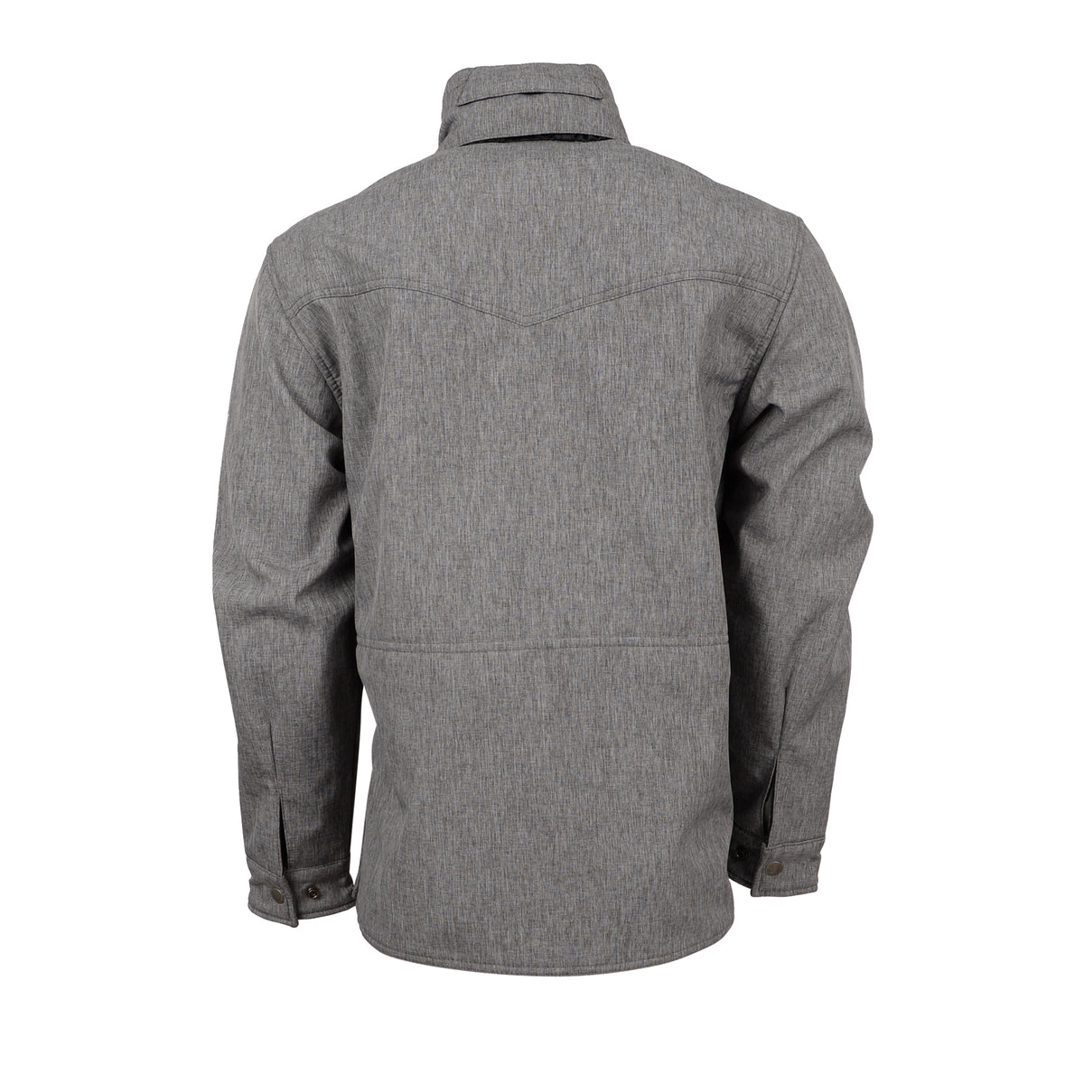 Back of heather gray softshell jacket with western yoke and adjustable snap wrist cuffs.