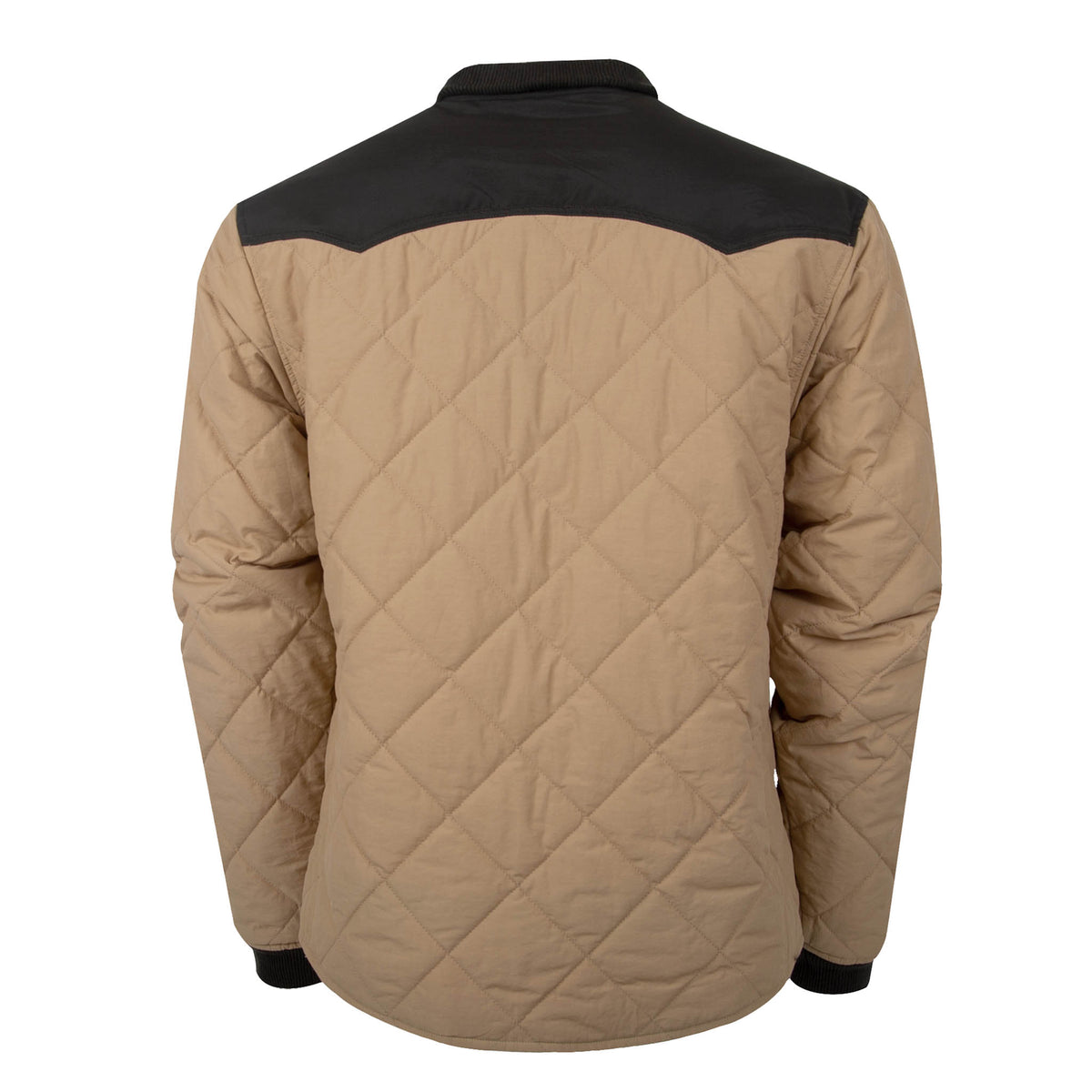 Back of a men's beige and black quilted jacket with double western yoke accents, ribbed collar and cuffs.