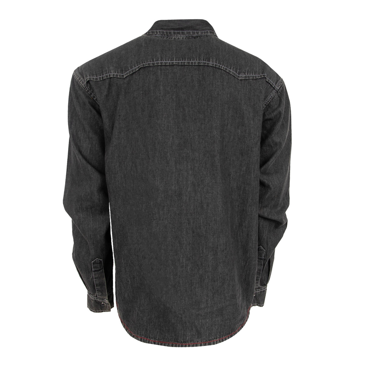 Back of a men's pearl snap denim shirt with double western yoke and snap cuffs.