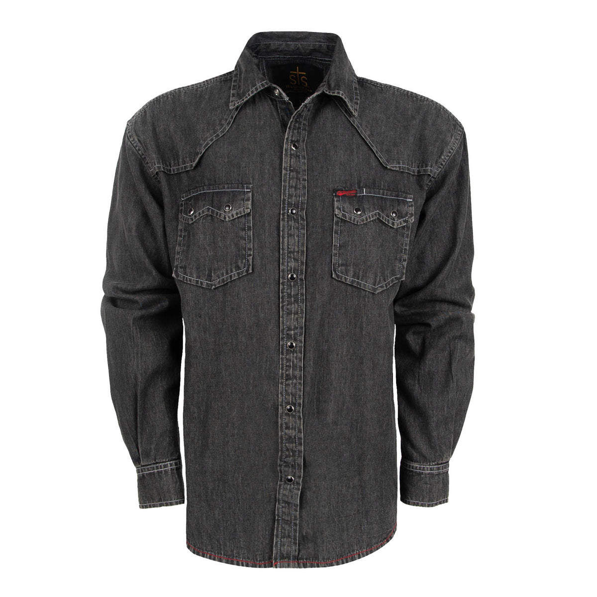 A men's pearl snap denim shirt with double western yoke and pearl snap chest pockets, in a dark wash.