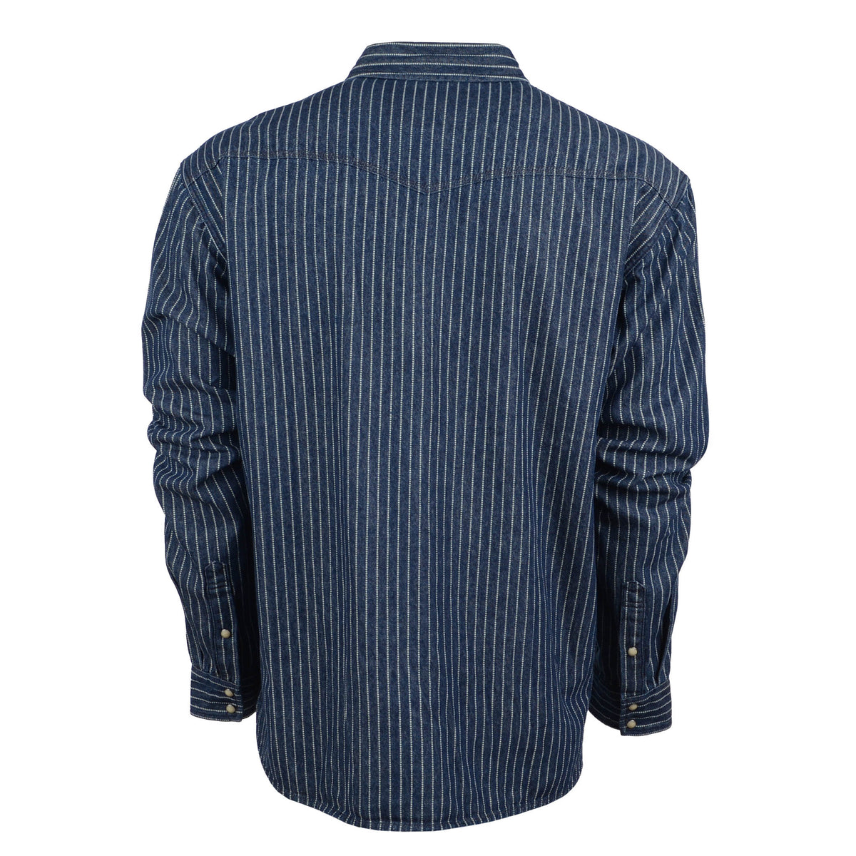 Back of a striped men's denim button-down shirt with snap cuffs.