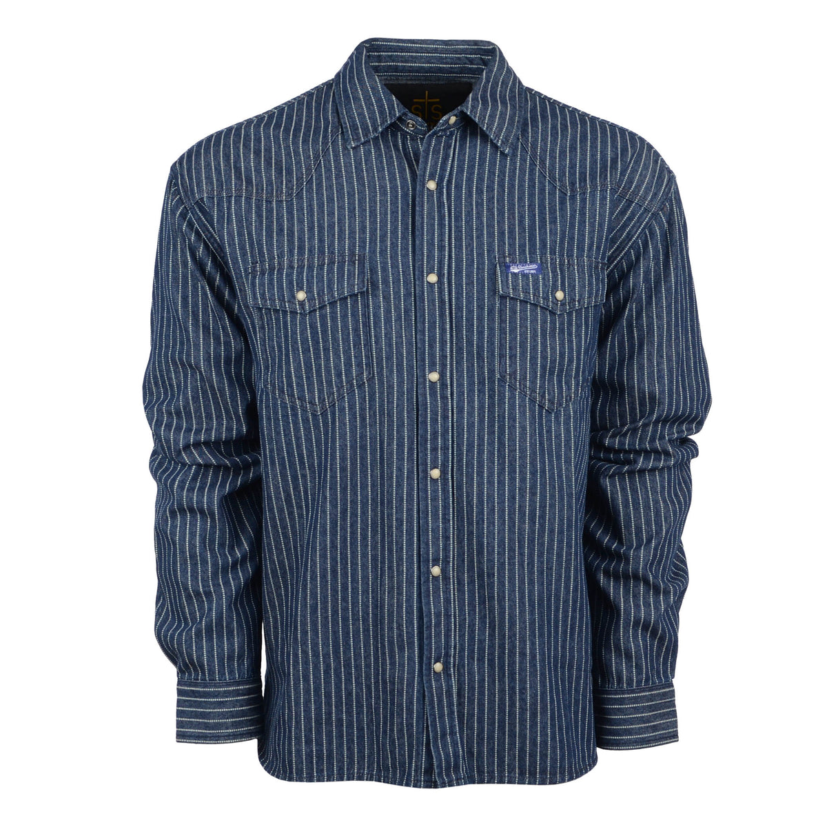 A striped men's denim button-down shirt with pearl snap closures and two chest pockets.