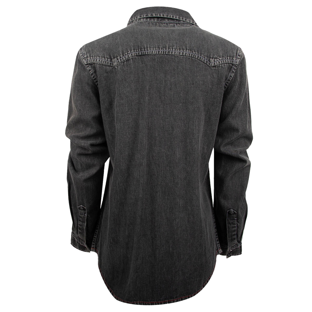 Back of a women's pearl snap denim shirt with double western yoke and snap cuffs.
