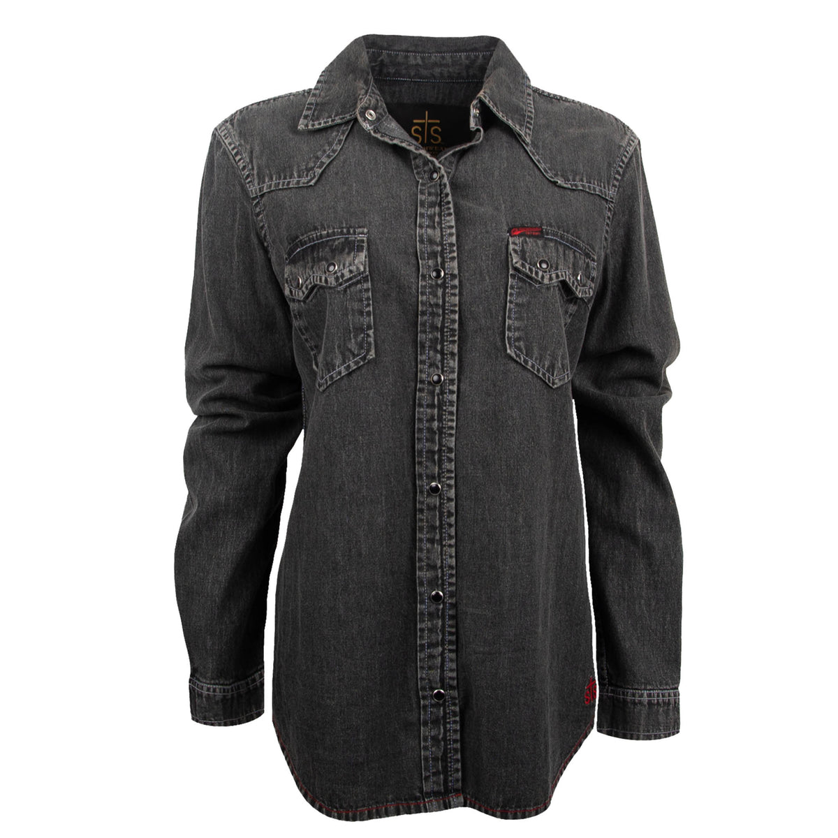 A women's pearl snap denim shirt with double western yoke and pearl snap chest pockets, in a dark wash.