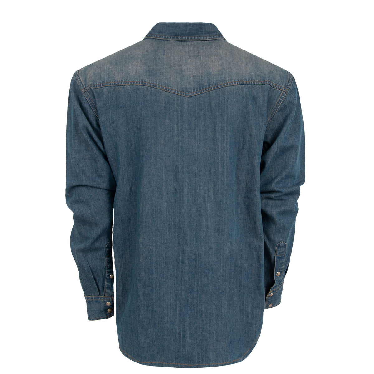 Back of a youth-sized blue denim shirt with western yoke and pearl snap adjustable wrist cuffs.