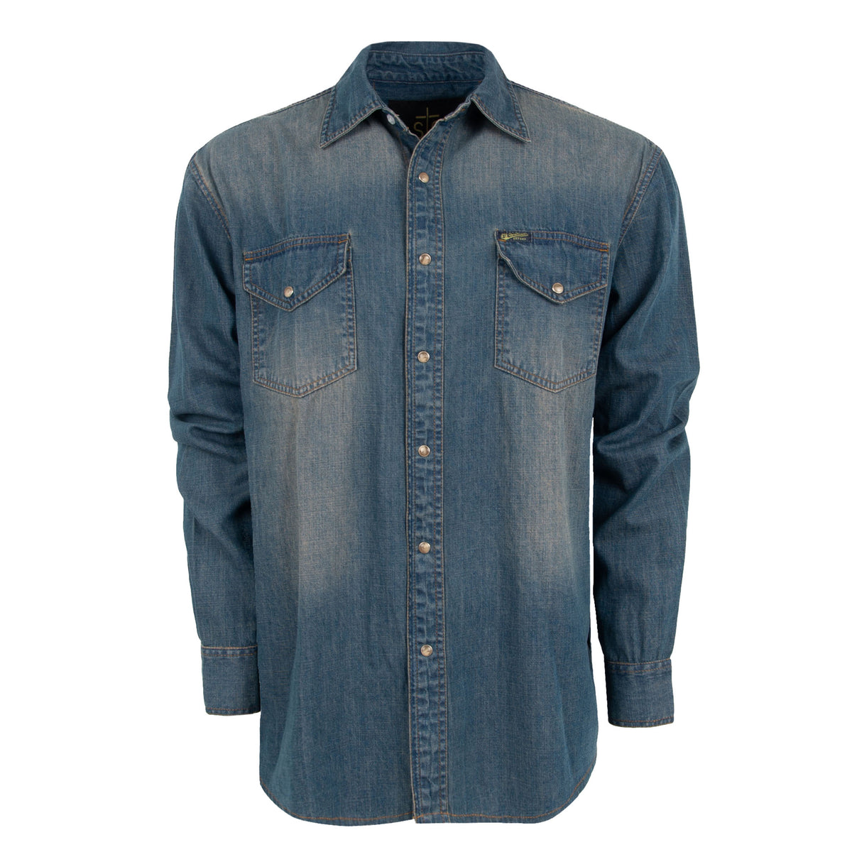 A youth-sized blue denim shirt with pearl snap front closure and chest pockets.