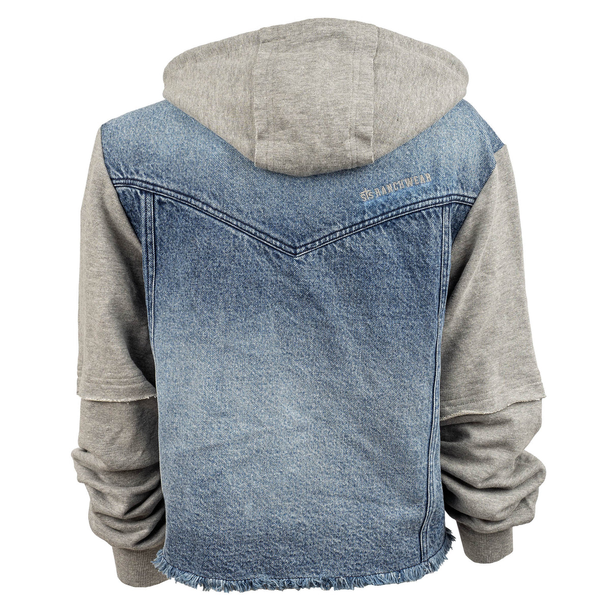 Back of a women's Cassie Jo denim jacket with gray sweatshirt sleeves and a drawstring hood.