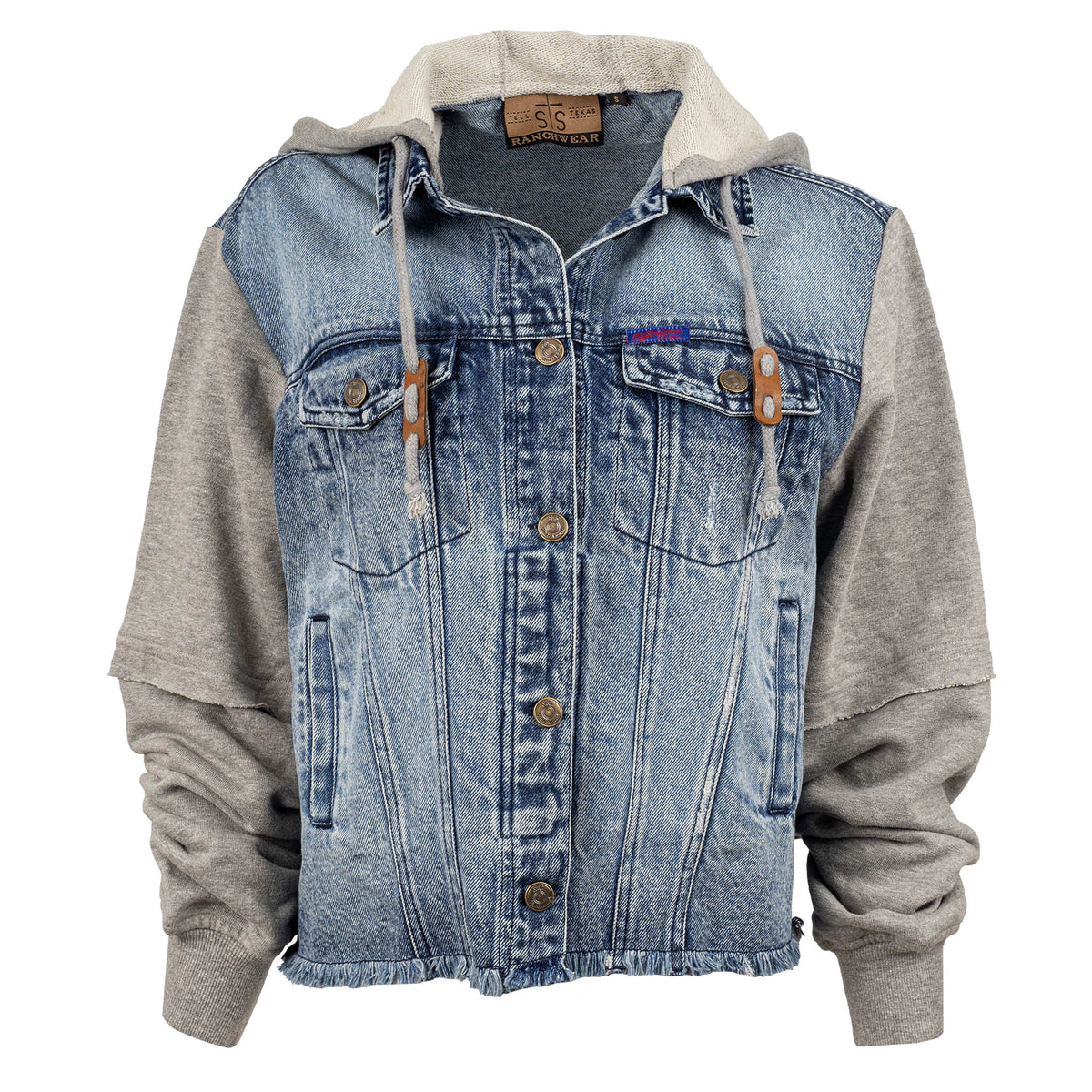 A women's Cassie Jo denim jacket with gray sweatshirt sleeves and a drawstring hood, featuring two exterior button closure chest pockets and ribbed cuffs.