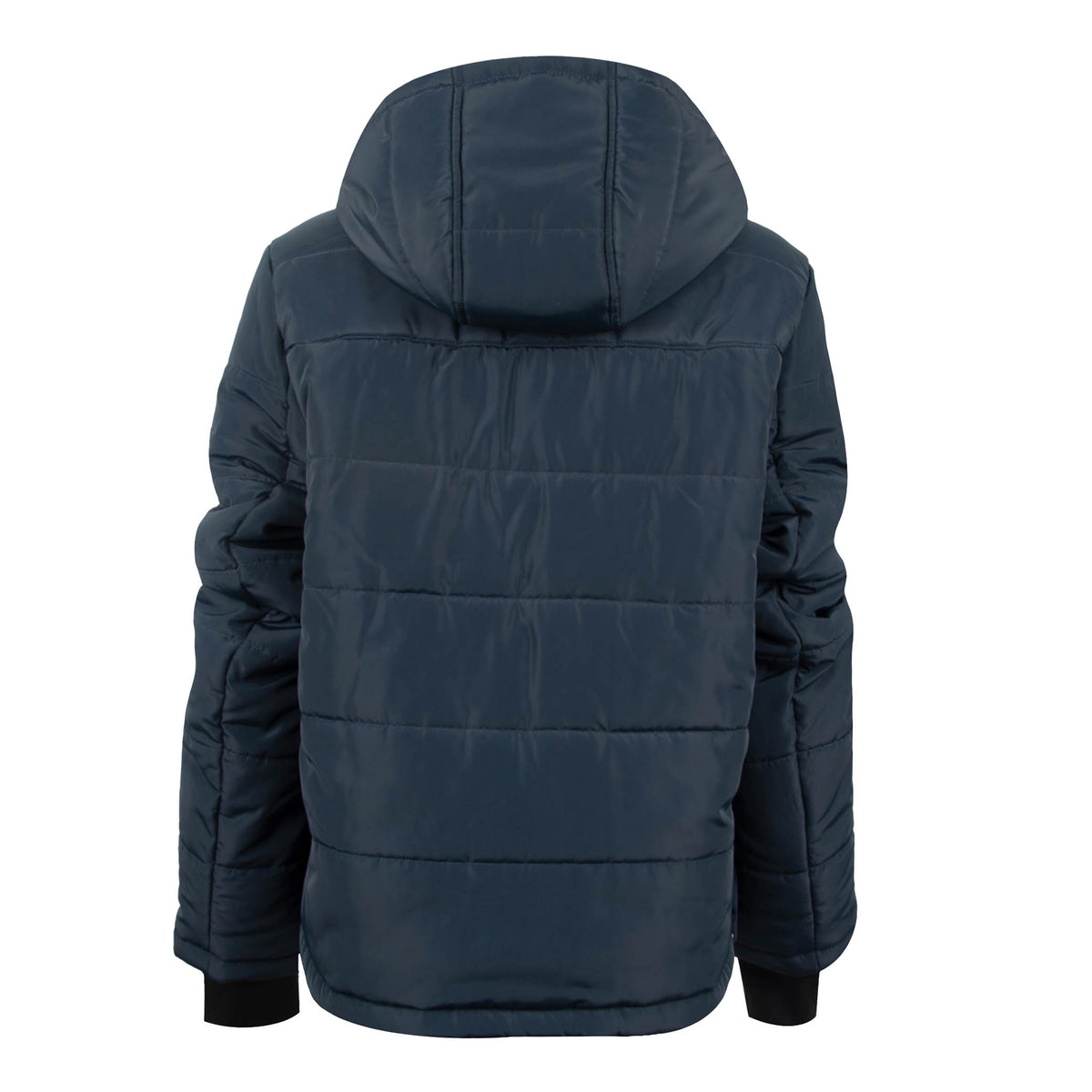 Back of a navy puffer jacket for women with a removable hood.