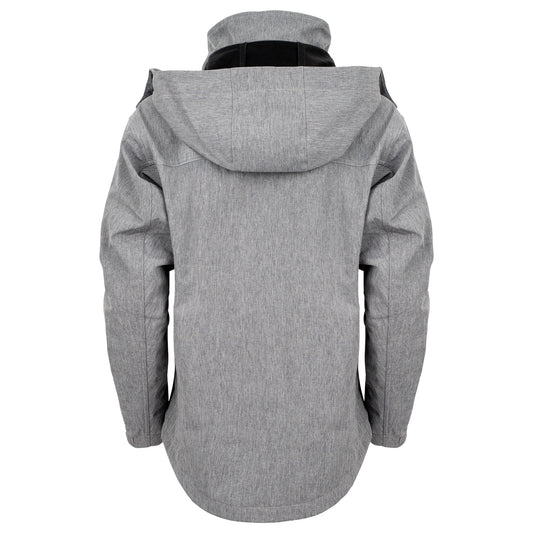 back of our gray jacket with zip closure, removable hood and hand warming pockets on white background