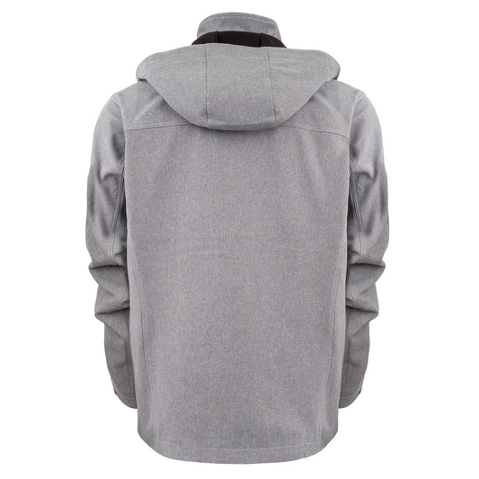 back of gray jacket with zip closure, removable hood and hand warming pockets on white background