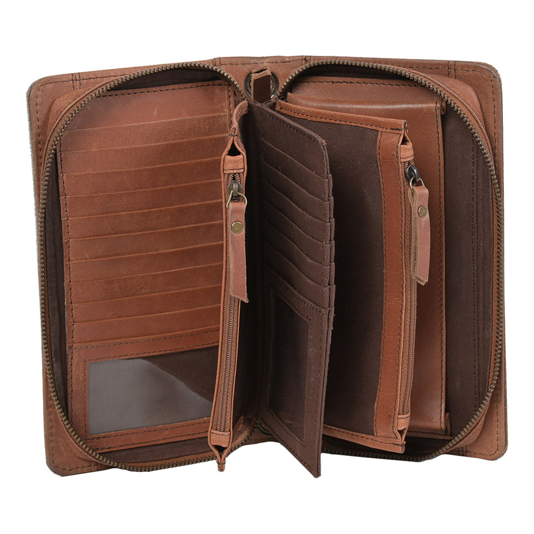 Inside of leather wallet with 2 zip closure pockets, 1 ID slot and card slots on a white background.