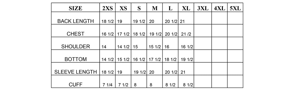 sizing specs for our softshell dark wash denim jacket with front snap closure, hand warming pockets and chest pockets