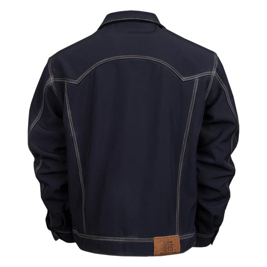 back of our softshell dark wash denim jacket with front snap closure, hand warming pockets and chest pockets on white background