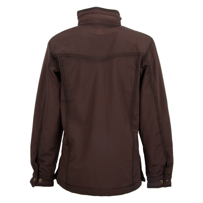 A brown women's jacket with double snaps on the waist, snap cuffs and featuring a packable hood on a white background.