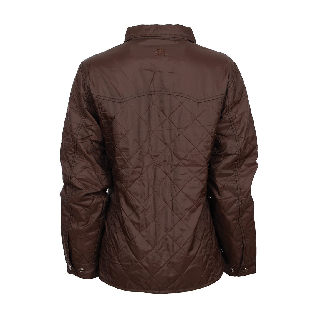 Western yoke on the back of a chocolate brown quilted jacket on a white background.